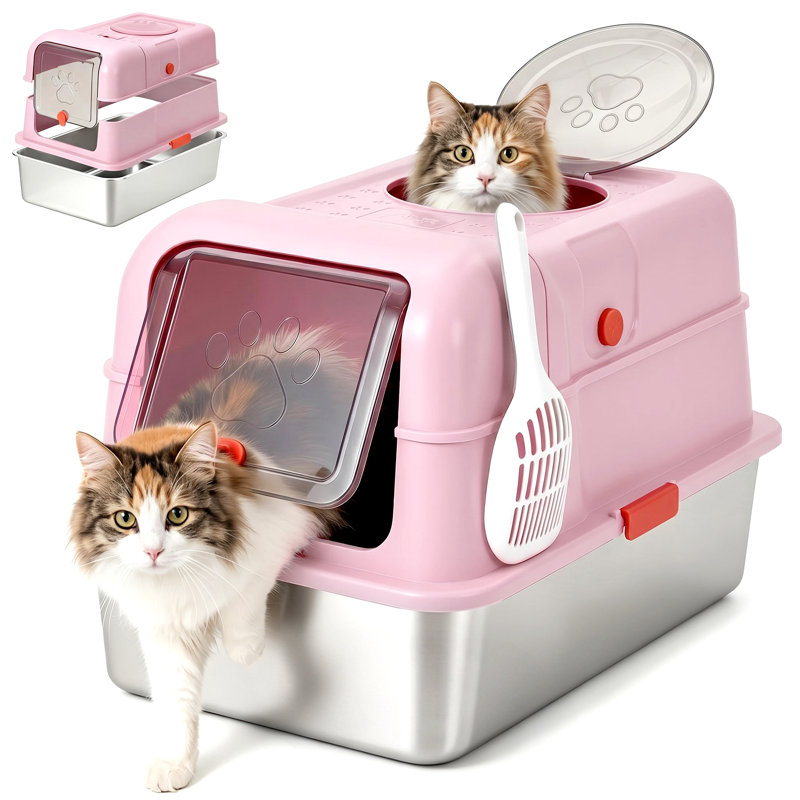 Bac à litière en acier inoxydable entièrement fermé et résistant aux chiens, avec couvercle, bords hauts, entrée frontale et sortie par le haut, conception anti-fuites, pelle incluse, idéal pour les grands foyers et les foyers avec plusieurs chats - Rose