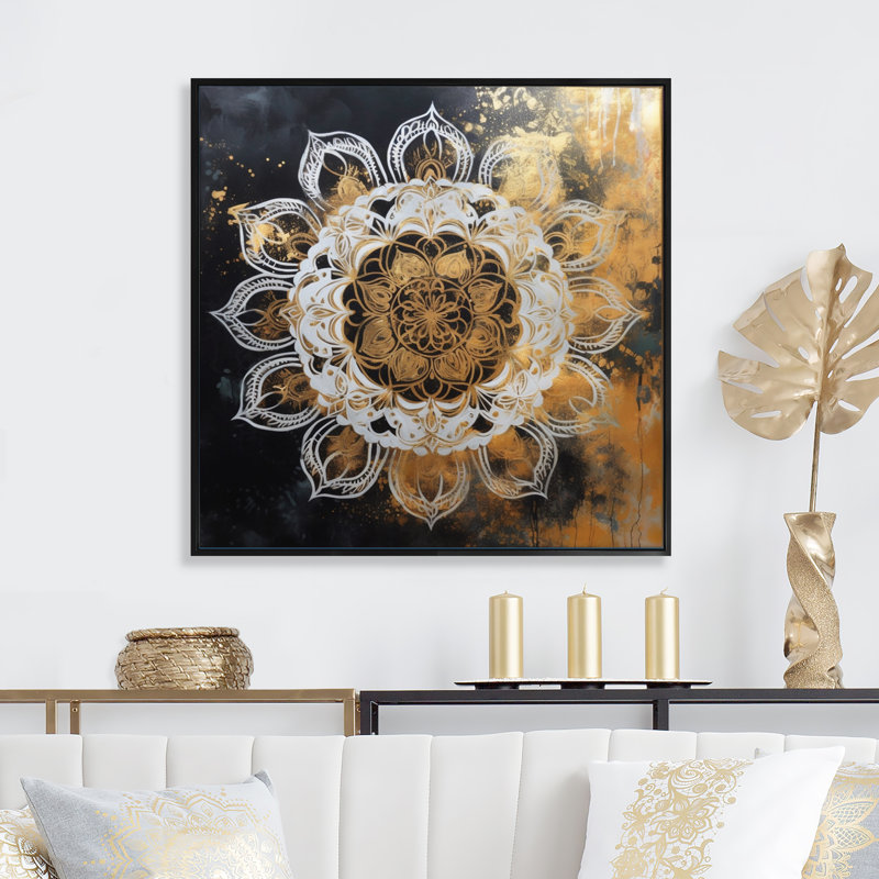 Mandala blanc et or III sur toile, H 30 po x l 30 po x P 1 po, Cadre flottant noir
