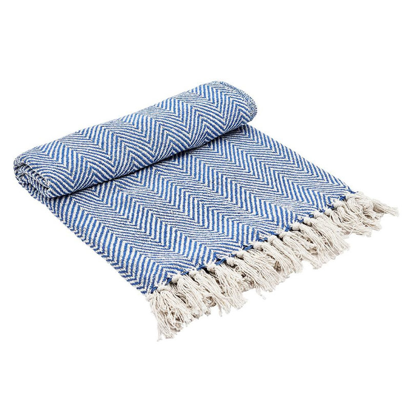 Set of 2 Blue and White Recycled Cotton Throw Blankets with Tassels