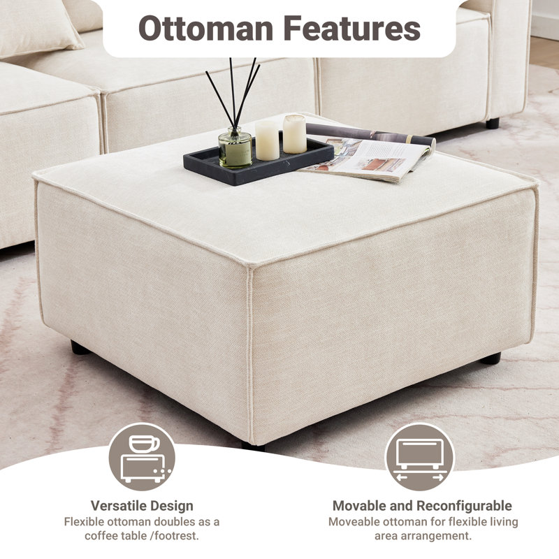 Makassar Chenille Upholstered Modular Ottoman, Beige