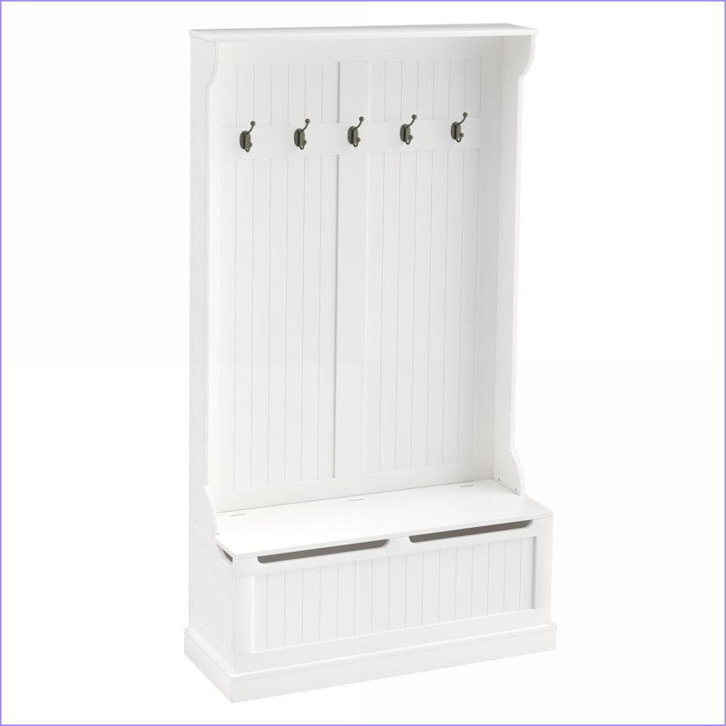 Coat Rack with Storage Bench, HOMCOM Rustic Entryway Hall Tree with Shoe Shelves | White Wood Grain | Particle Board