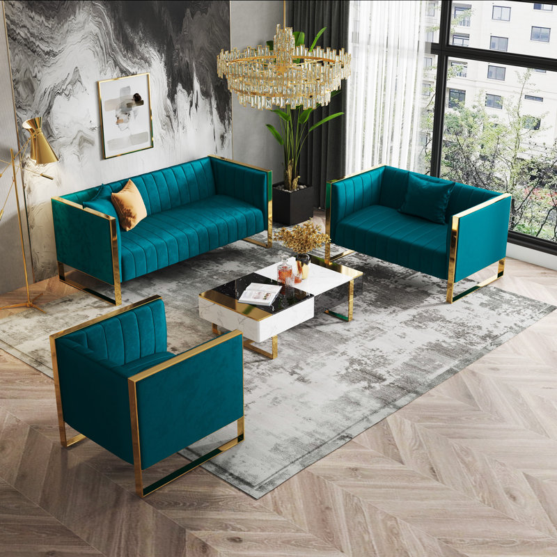 Trillium 3 - Piece Velvet Living Room Set, Teal Velvet