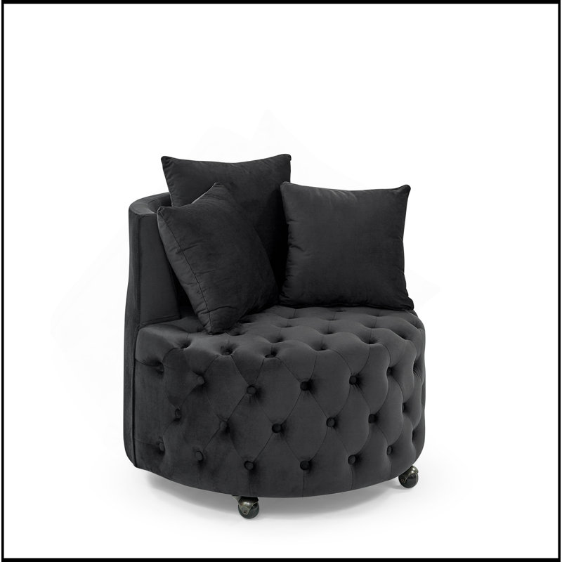 Chaise pivotante rembourrée en velours pour le salon, avec conception capitonnée à boutons et roues mobiles, comprenant 3 coussins