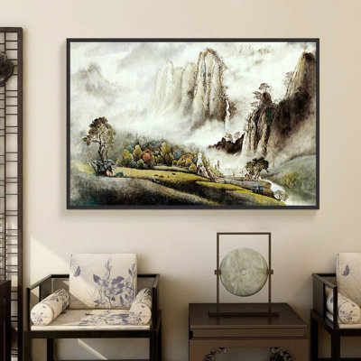 Chinoiserie Chinese Ink Painting Mountain Countryside Lanscape Canvas Prints for Living Room Bedroom Decor