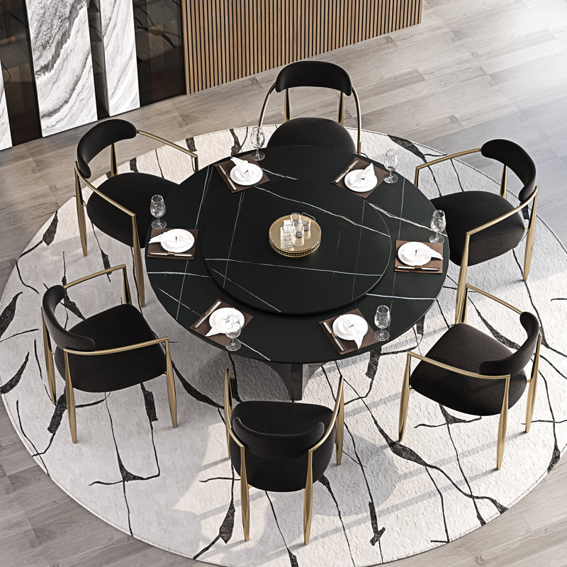 Dining Table Set With 51'' Round Faux Marble Table Top With Lazy Susan And 6 Fabric Dining Arm Chairs, Black/Gold