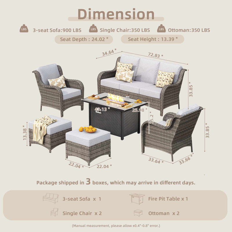 7-Person Outdoor High Back Seating Group With Cushions And Fire Pit,All-Weather Wicker Patio Set, Light Gray