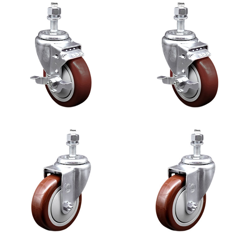 4 Inch SS Maroon Polyurethane Swivel 12mm Threaded Stem Caster Set 2 Brake