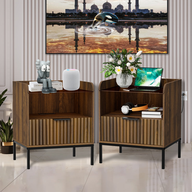 Arlen Modern Bedside Table with Charging Station & Glass Top â€“ 1-Drawer Nightstand,2Pcs, Black/Brown, Set of 2