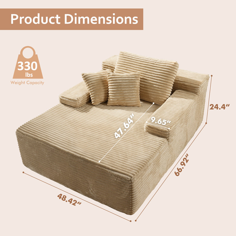 Canapés de chaise longue en velours côtelé moelleux avec coussins et accoudoirs de 48,42 po de large Hogle, aucun assemblage requis 