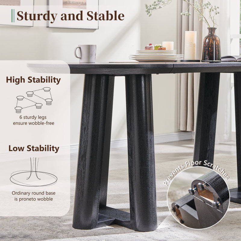 63" Oval Dining Table For 6 With Triangular Structure Pedestal Stable Base & Curved Table Edge, Black Oak