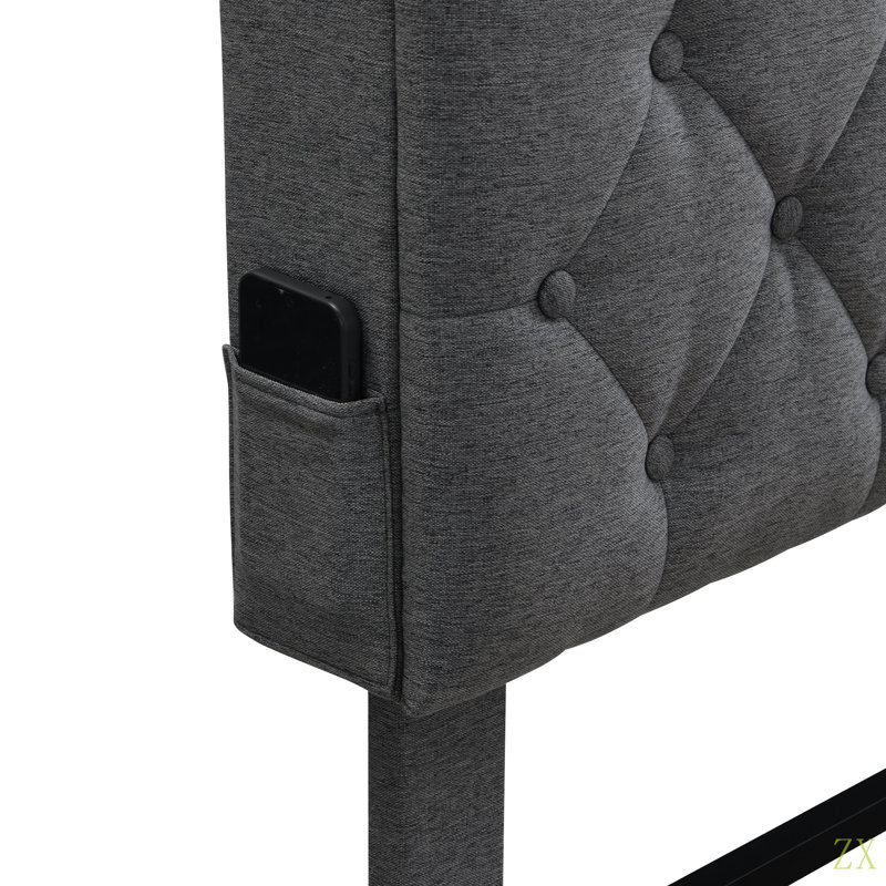Structure de lit tapissier KING -Size avec tête de lit en tissu de lin touffeté à boutons, ports USB, station de charge pratique, deux poches latérales, ne nécessite pas de sommier