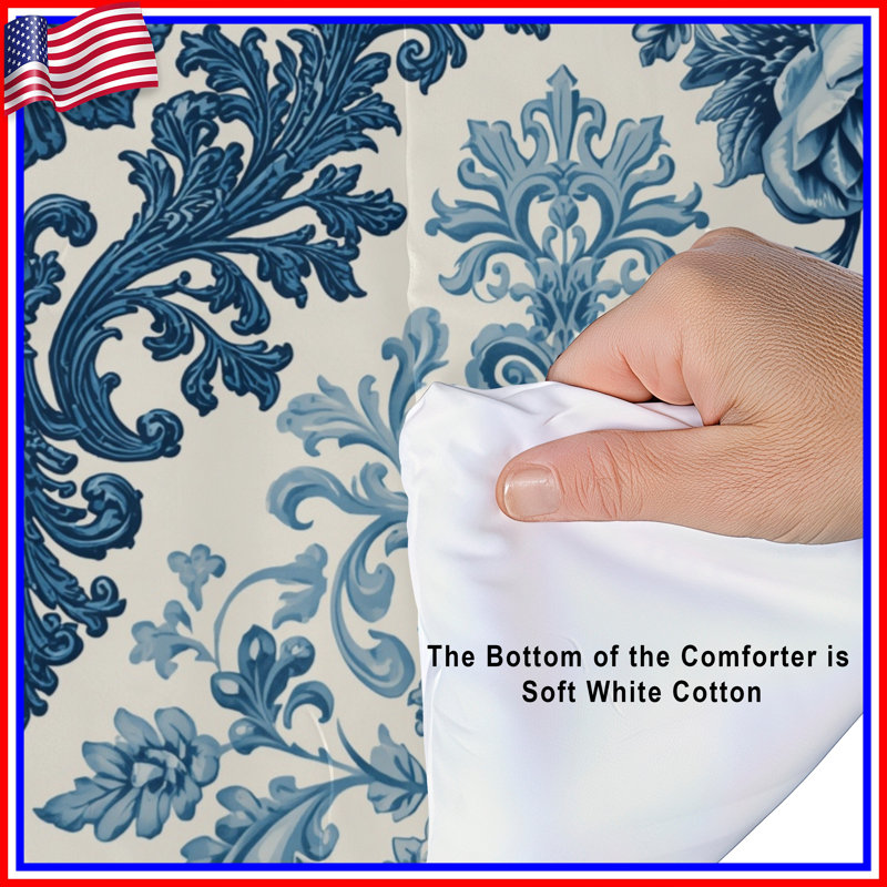 Blue Floral Damask Comforter, Queen