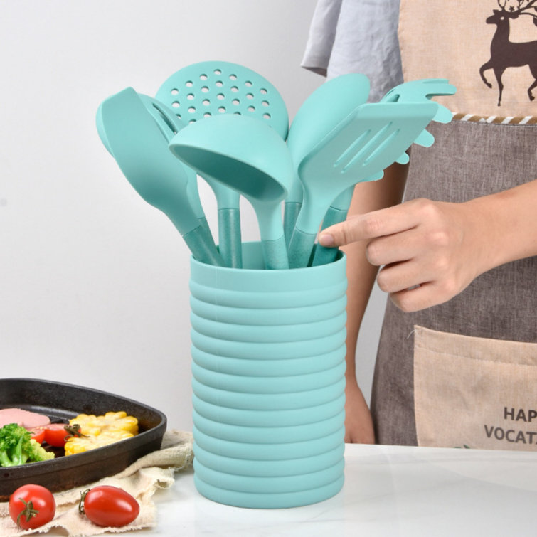 8pcs Silicone Utensils Set, Cooking Utensils Set with Wheat Straw Handle, Cooking Spoons with Holder, BPA Free, Heat Resistant SC0GO Color: Turquoise