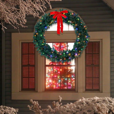 60'' Christmas PVC Wreath With Bow 4-Color Lights Remote Control