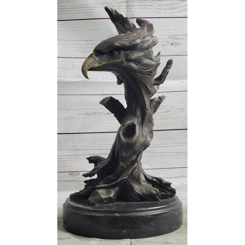Tête d'aigle à tête blanche, buste sur un arbre, sculpture en bronze, statue, figure originale signée sur base en marbre