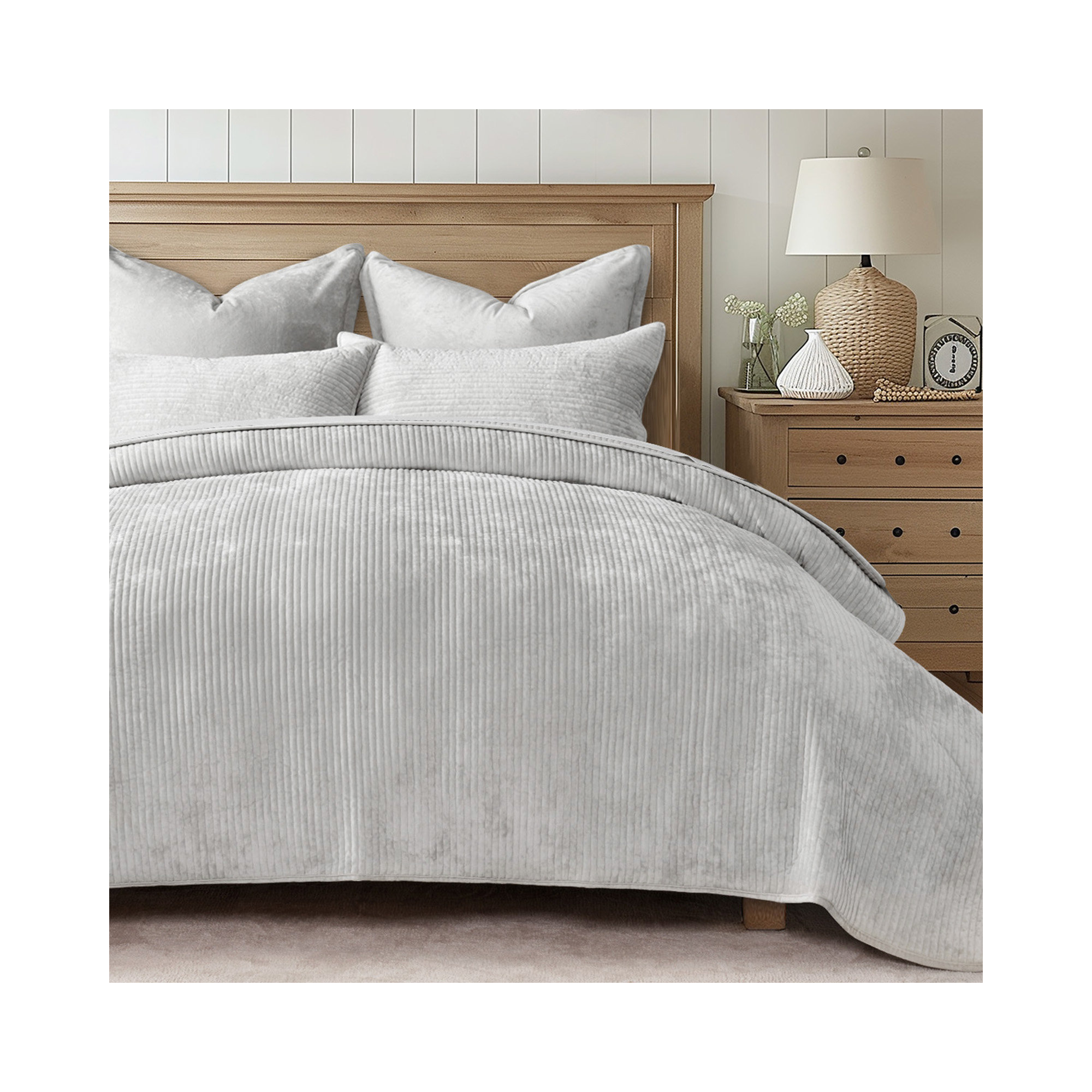 Striped Channel Velvet Quilt Set, Queen, Frost Gray