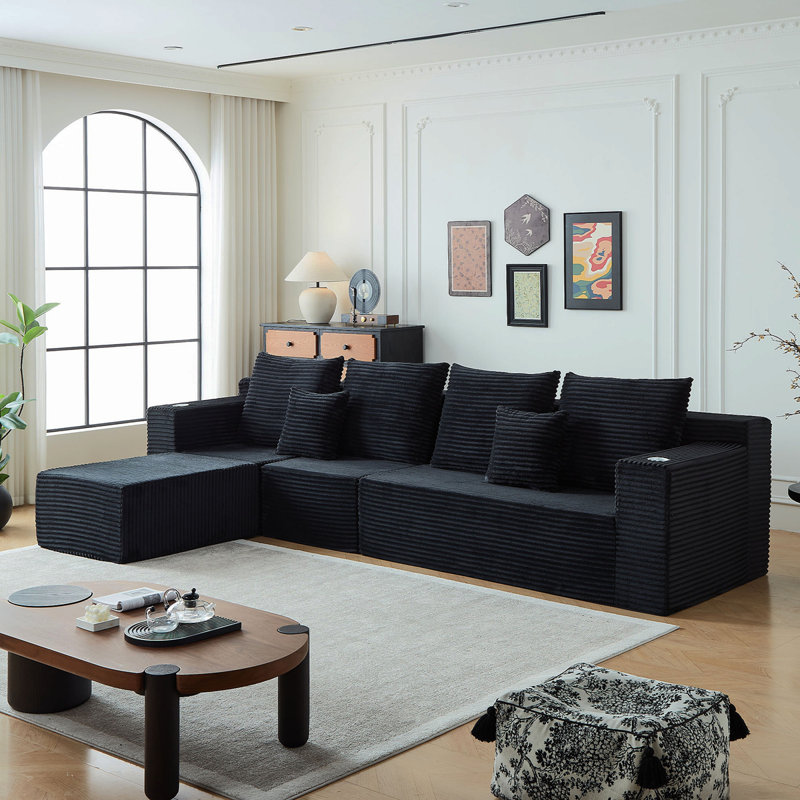 Canapé modulaire profond en velours côtelé avec porte-gobelets, aucun assemblage requis, Noir