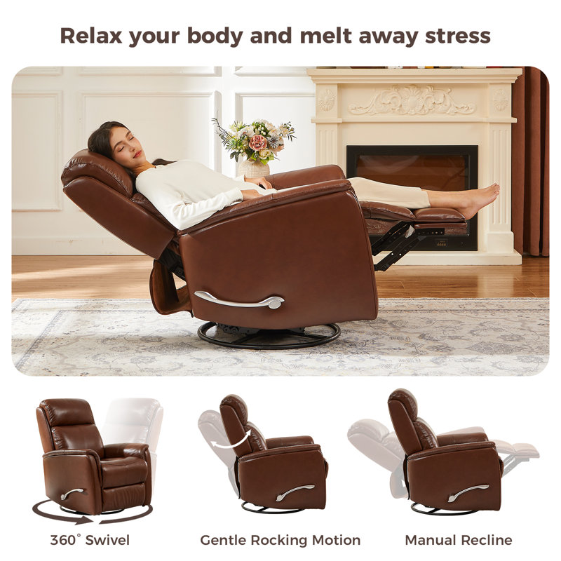 33" Wide Genuine Leather 360° Swivel Rocker Manual Recliner With Wingback and Flared Arms Design (Set of 2)