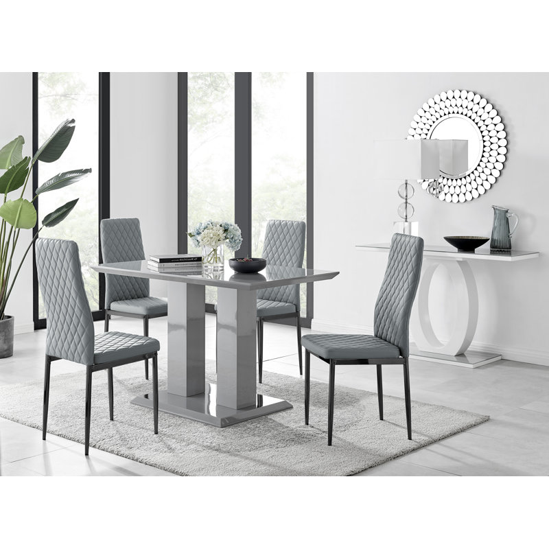 Eubanks Double Pedestal High Gloss Dining Table Set with 4 Luxury Faux Leather Dining Chairs, Grey, Grey/Silver