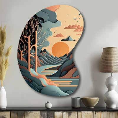 Arbres de montagne en bleu graphique rétro - forme de flèches de montagnes de paysage - art mural métallique asymétrique