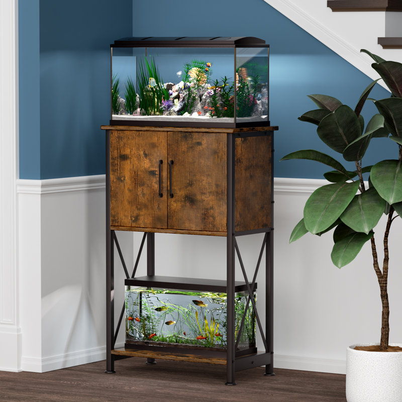 Rustic Brown Metal Fish Tank Stand with Storage Cabinet