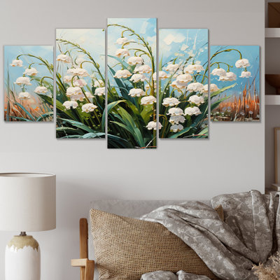 «White Snowdrop Symphony III», art mural floral, salon, 5 panneaux