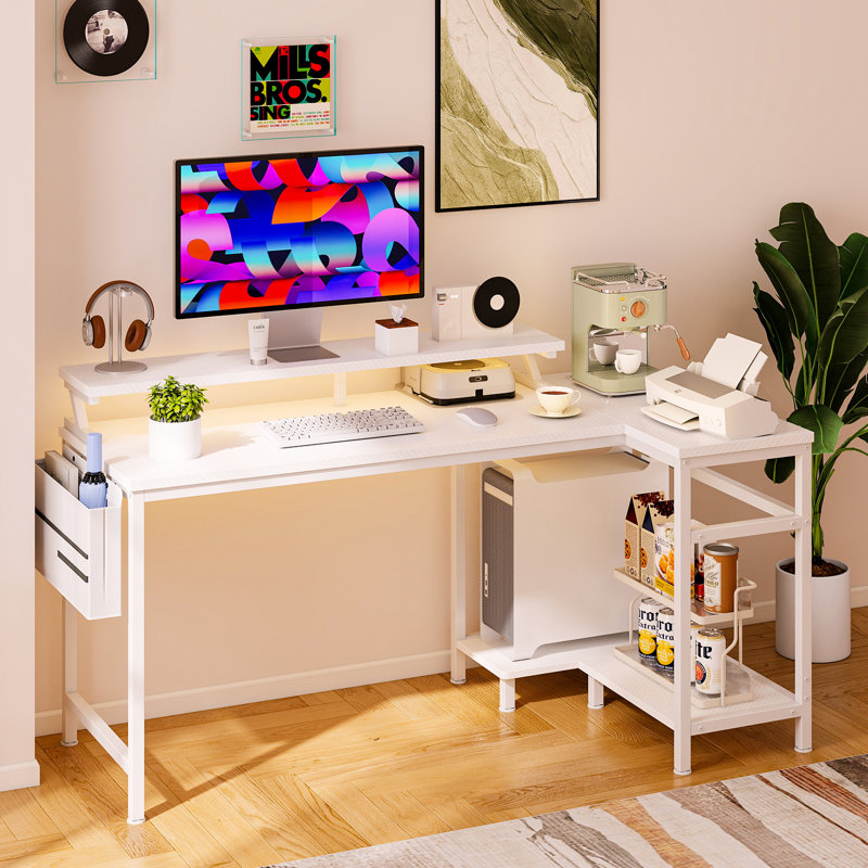 40IN L Shaped Desk with Shelf, LED Light & Power Outlet, Corner Computer Desk for Home Office, 30" H x 40" W x 31.5" D, White