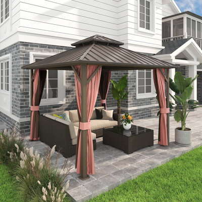 10x10 FT Heavy - Duty Aluminum & Galvanized Steel Gazebo with Double Roof, Mosquito Netting & Privacy Curtains - All - Weather Patio, Backyard & Poolside Shelter