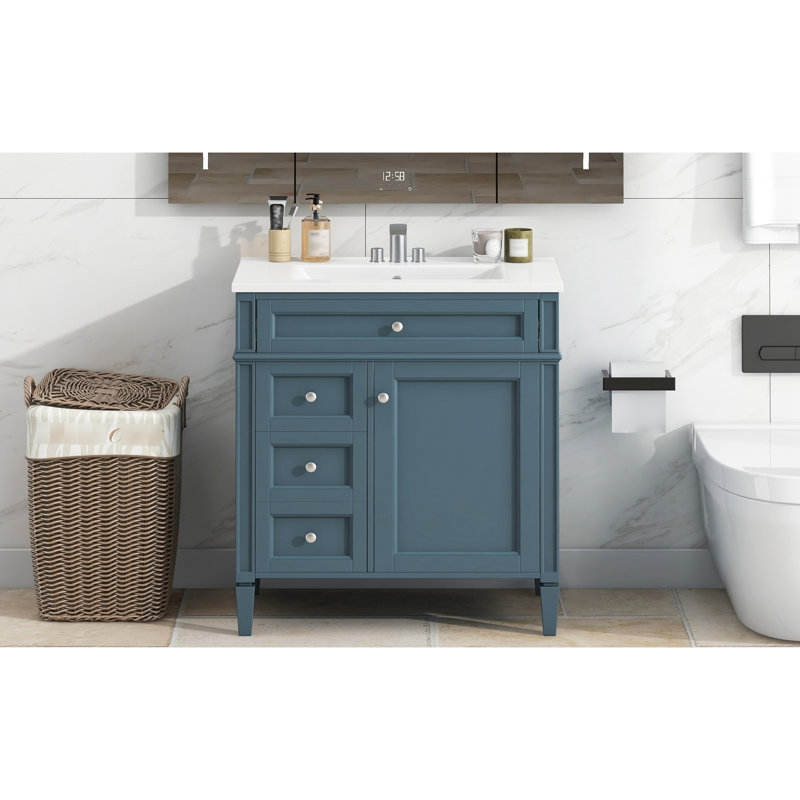 Meuble-lavabo simple avec 2 tiroirs, un tiroir basculant et diverses fonctions de rangement dans un meuble-lavabo moderne de 30 po