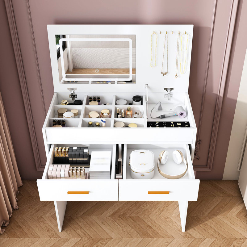 Bureau de meuble-lavabo blanc avec miroir à DEL, prise intégrée, 2 tiroirs, rangement pour bijoux ouvert, crochets, peu encombrant, éclairage réglable, organisation intelligente, tabouret, bureau pour petits espaces, éclairé
