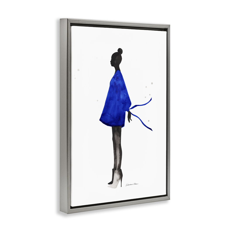 Cadre flottant silhouette fille en robe bleue, design par Simone Elum, H 31 po x l 21 po, Cadre flottant gris lustré