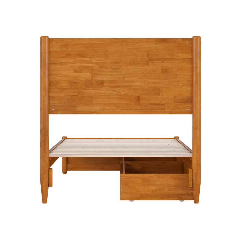 Lit plateforme en bois avec pied de lit et tiroirs de rangement Ronan, Très grand simple, Caramel clair