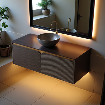 48" Bathroom Vanity&sink, Wall-mounted Floating Plywood Storage Cabinet, Twill Double Doors With Metal Trim, Black Bowl Ceramic Vessel Basin With Stone Pattern&black Sintered Stone Top, Black
