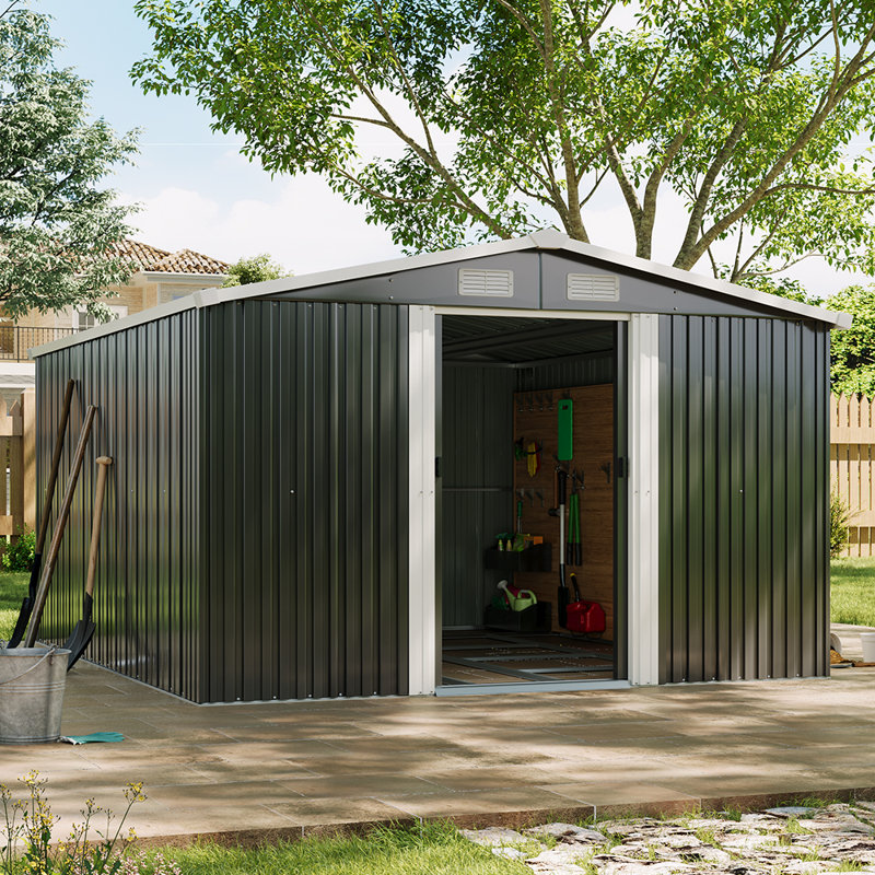 10 ft. W x 12 ft. D Metal Apex Garden Shed Outdoor Storage House, Grey