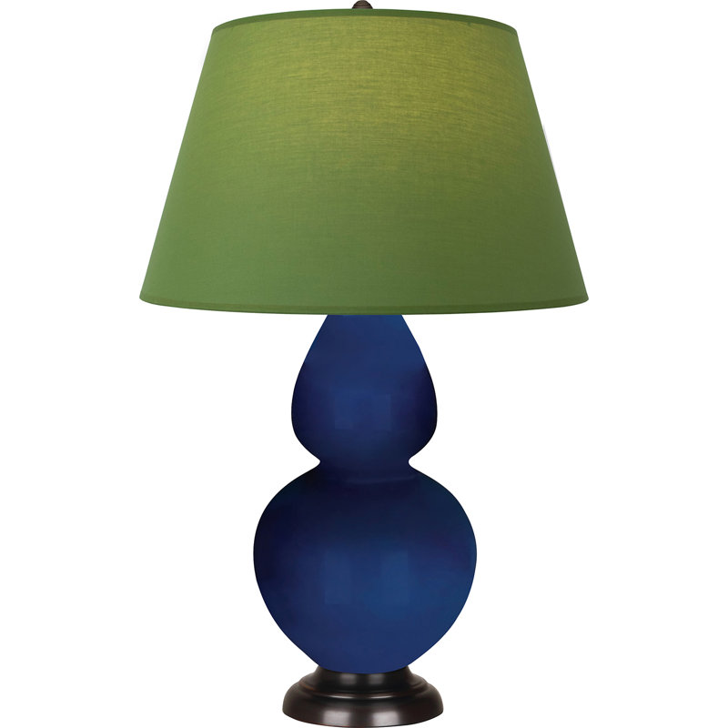 Lampe de table double gourde en céramique, Thé vert / taupe, Cobalt émaillé / bronze, Bronze