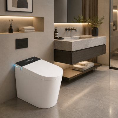 Toilette compacte pour bidet Yingze 23 po, chasse d'eau brute 12 po, chasse automatique, siège chauffant, séchoir à air chaud, buse autonettoyante, veilleuse à DEL, céramique antimicrobienne, blanc avec panneau noir