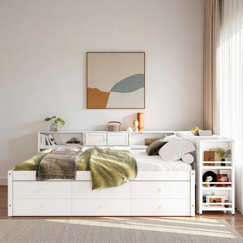 Wood Daybed With Storage Drawers, Side Shelves, Desk And Trundle, Full/Double, White