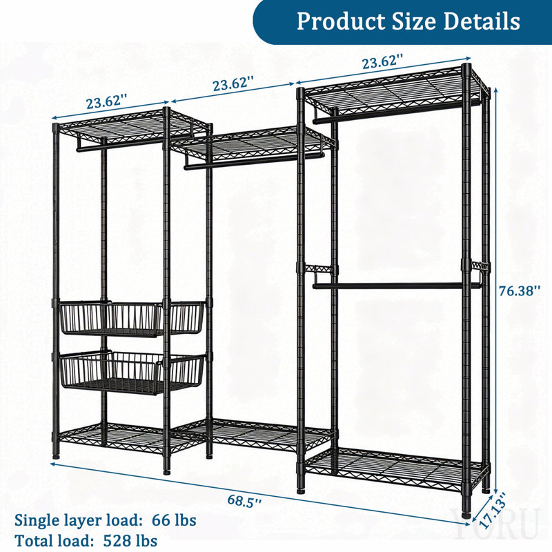 Portant à vêtements robuste, support à vêtements autoportant avec 4 tringles de suspension et 2 paniers en fil métallique, support à vêtements de grande taille avec tablettes réglables en fil métallique, l 68,5 po x P 17,1 po x H 76,4 po, noir