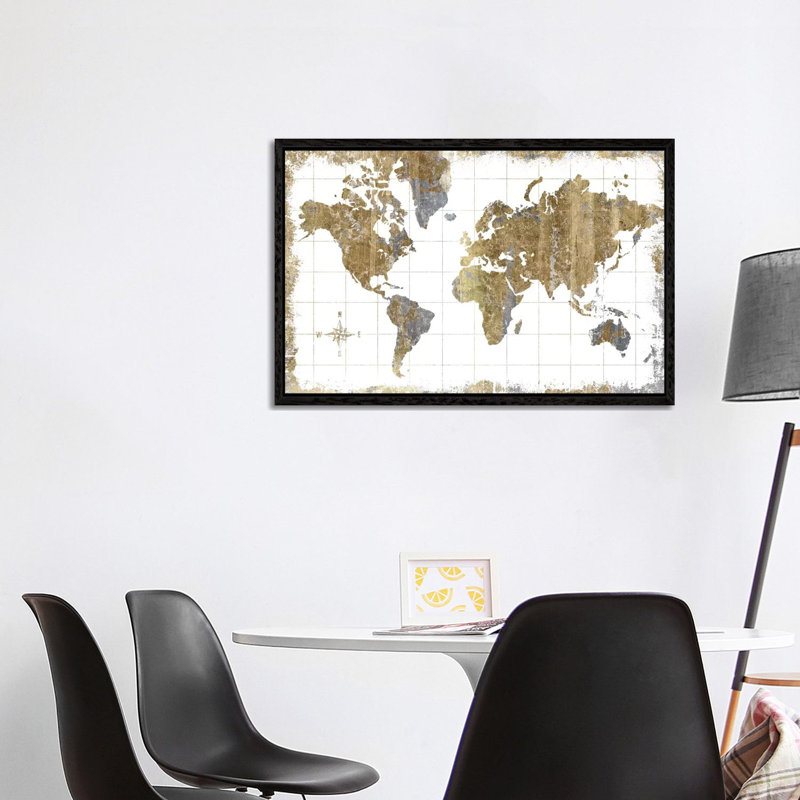 Gilded Map - Painting on Canvas, Black Floater Framed, 101.6 cm H x 66.04 cm W