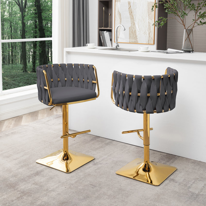 Mancias Swivel Upholstered Adjustable Height Counter Stool, Gold, Velvet Dark Gray
