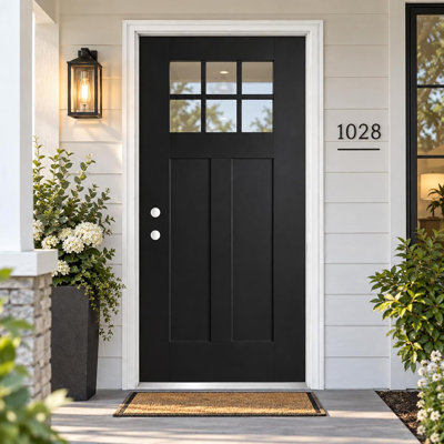 36"x80" Fiber Reinforced Panel Door,Right Hand Inswing,Black,Exterior Entry Door,6-Lite Low-E Glass,2-Panel Craftsman,Brush FRP Door,Through Color Finish,for Home Entrance