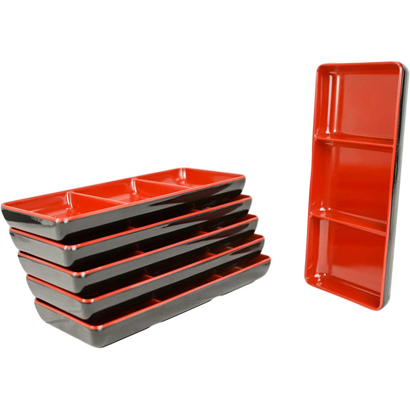 Ebros - Ensemble de 6 condiments en mélamine à l'huile de jade, ketchup, sauce soja, barbecue, bol ou plat avec séparateurs, 3 compartiments de séparation, conception traditionnelle, 2 tons de couleur, rouge, noir, fournitures de restaurant