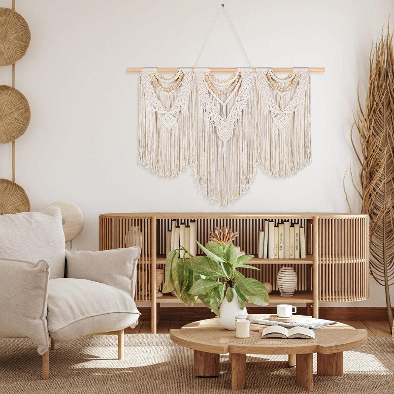 43 po x 32 po grand macramé mural avec tige Boho Decor tissé tapisserie murale bohème décor pompon rideaux en macramé pour la maison salon mariage appartement décoration (style classique)