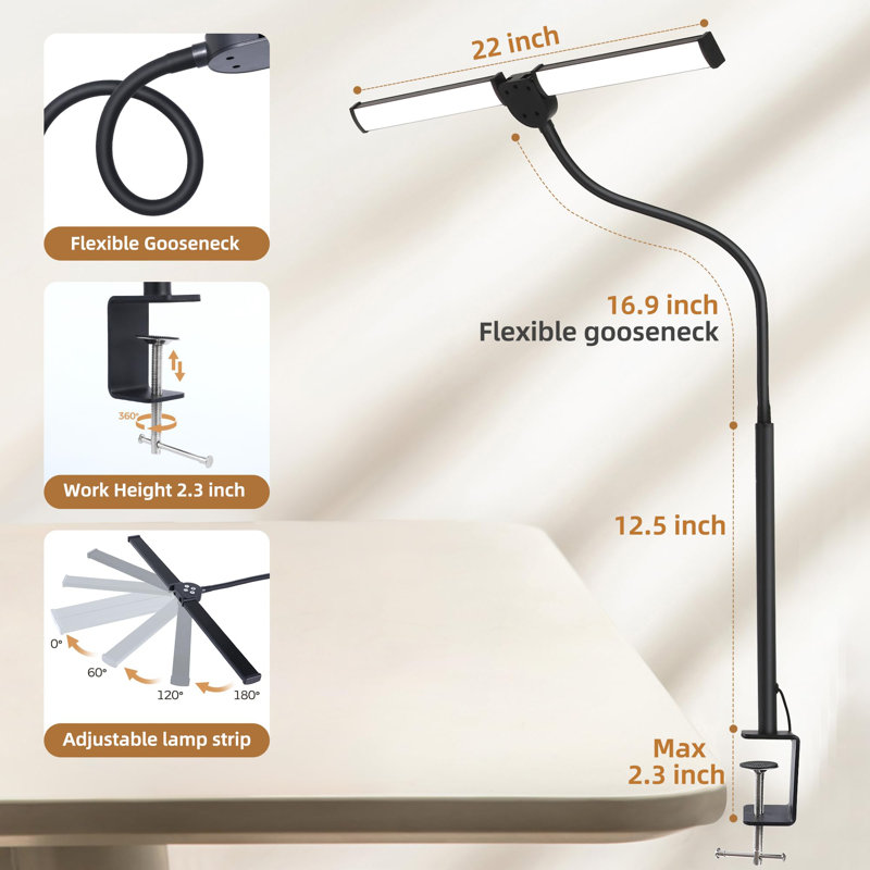 Black Adjustable Dual-Head LED Desk Lamp with Remote Control