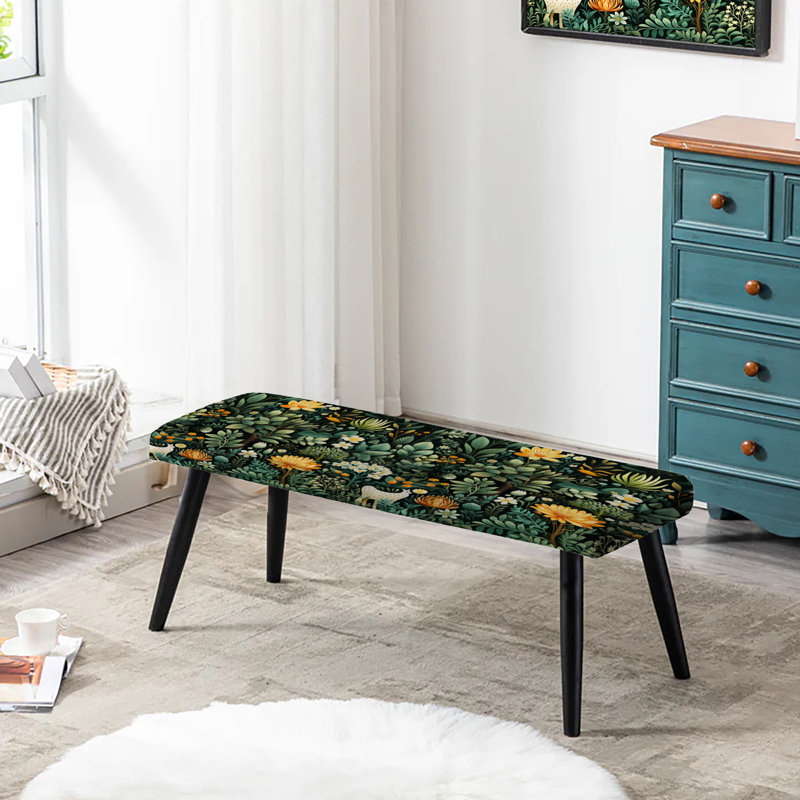 Floral Upholstered Black Bench, Lacon Botanical Cartoon Jungle Animal