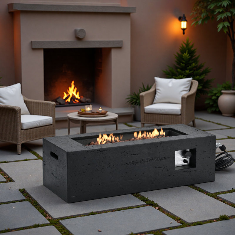 Mgo Propane Outdoor Rectangular Fire Pit With Side Cutout Handles, Steel Burner, Adjustable Flame Control, Lava Rocks And Rain Cover