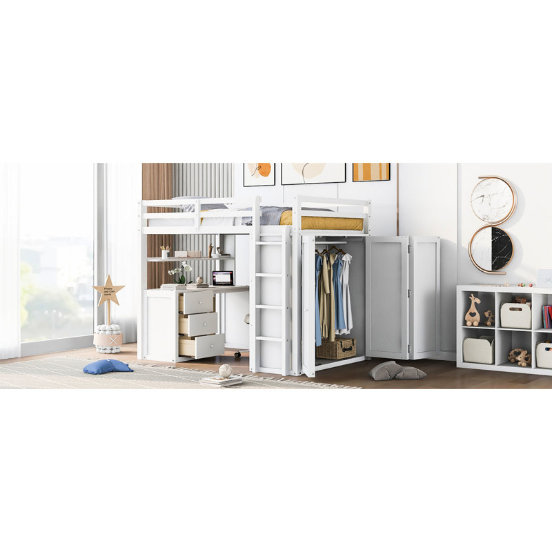 Lit mezzanine pleine grandeur, tiroirs, bureau, garde-robe, lit de rangement blanc pour articles lourds de grande capacité avec bureau et garde-robe A qui maximise le confort