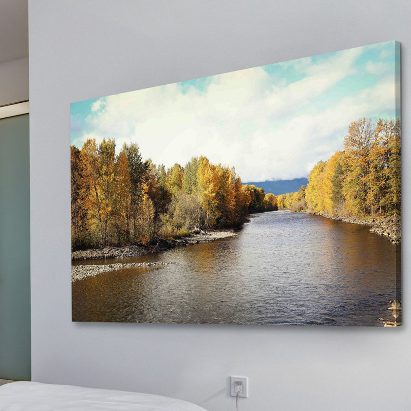 « automne on the river » par sylvia cook, reproduction d’art sur toile tendue, H 12 po x l 18 po x P 1,5 po