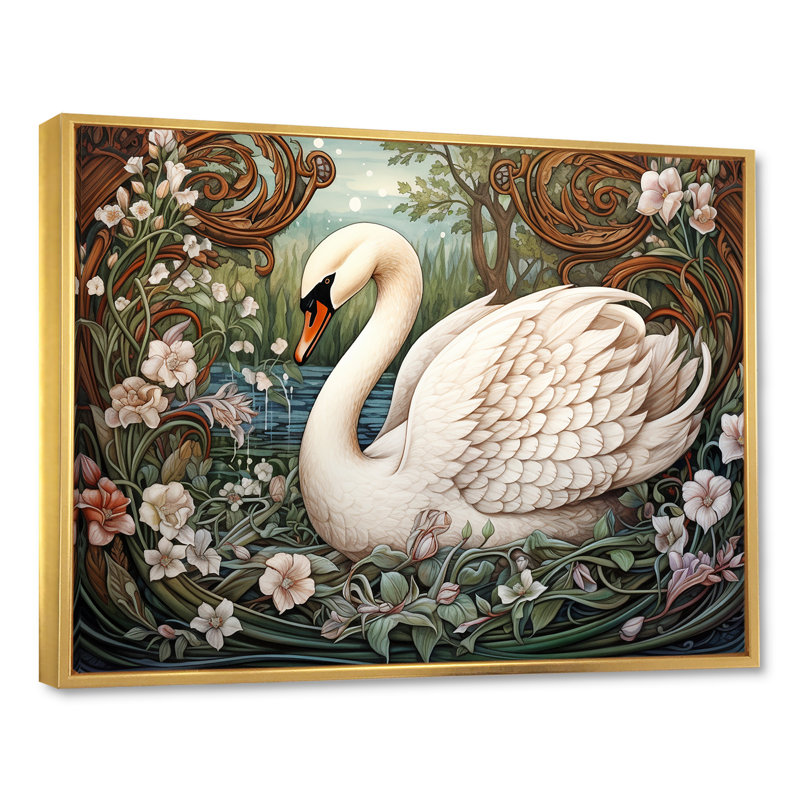 Cygnes majestueux, horizon sur toile, Cadre flottant doré, H 16 po x l 32 po x P 1 po