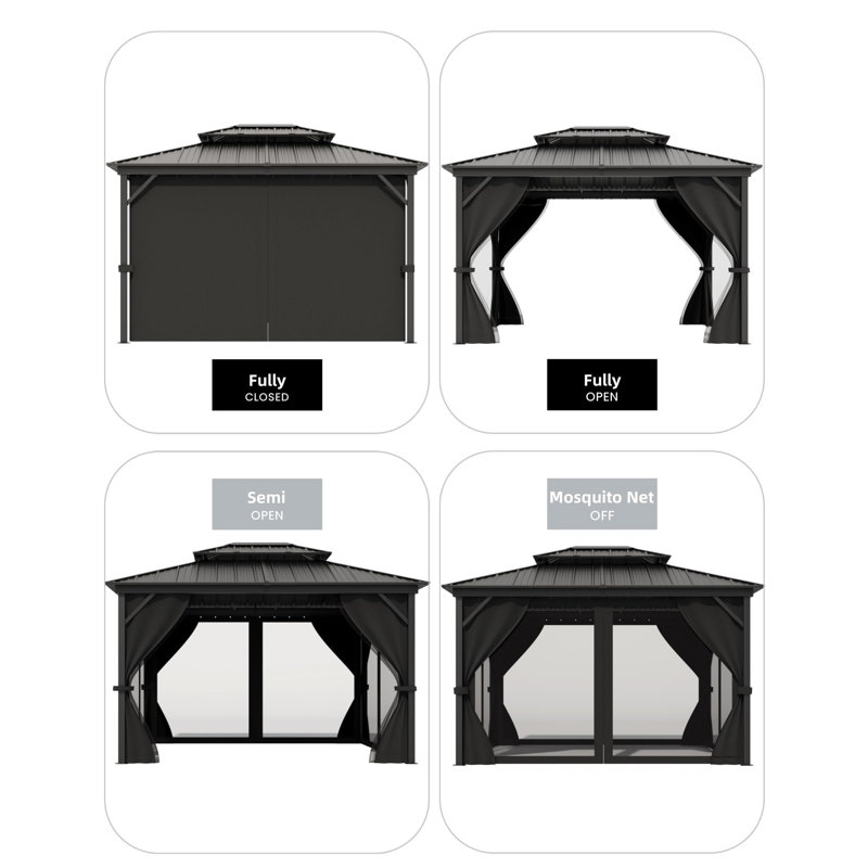 Pavillon de jardin 12 po x 14 pi avec toit en acier double, structure en aluminium, rideaux et filet pour terrasse de jardin